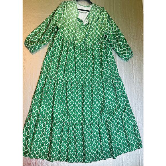 no brand Dresses & Skirts - 2X Green Geometric Maxi Dress Bubble Sleeve Tiered Boho Plus Size